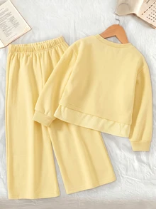 SHEIN Young Girls Yellow Bows 2Pcs Outfit Fake Two-Piece Crewneck Long Sleeve Sweatshirt Top & Wide Leg Pants Set Fall Winter Clothes - Yellow - View 2