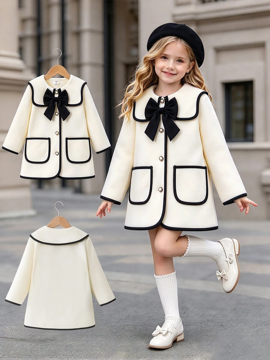 SHEIN Young Girls Woolen Cardigan Jacket, Fashion Drawstring Decor 3D Bow Accent With Pearl Buttons, Suitable For Vintage, Elegant And Cute Daily Winter