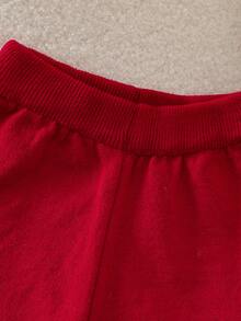 SHEIN طقم كاجوال خريفي للبنات الرضع مكون من كنزة بأكمام طويلة مزينة بفيونكة وبنطلون محبوك - الأحمر - مشاهدة 4
