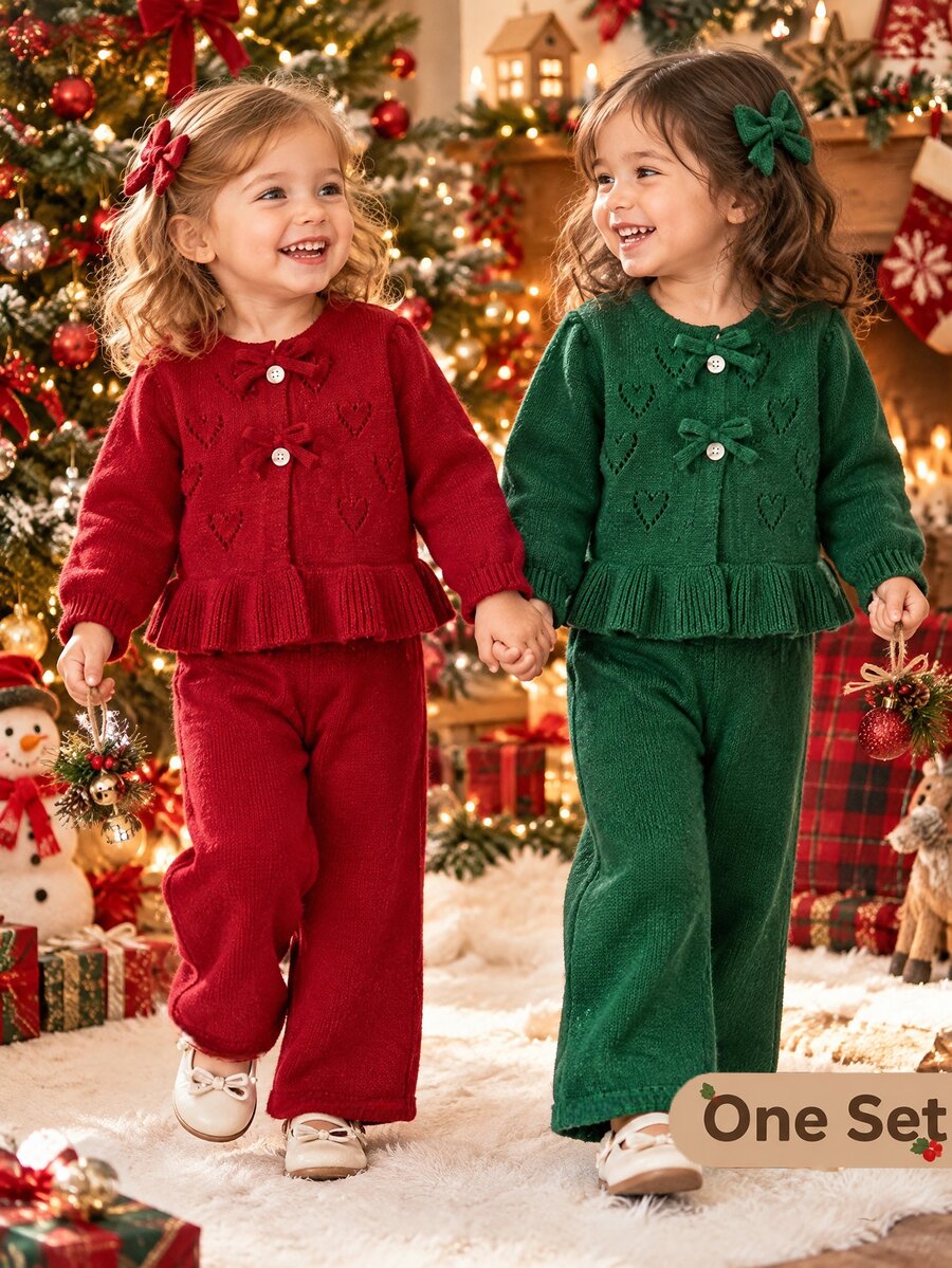 SHEIN Baby Girls Sweater Co-Ords, Knit Pullover Crew Neck Long Sleeve Cardigan, Pink Solid Color, Versatile Fashionable + Knitted Flared Long Pants, Suitable For Autumn/Winter, 2-Piece Set, And Versatile, Suitable For Outings, Travel, School - Dark Green - View 1