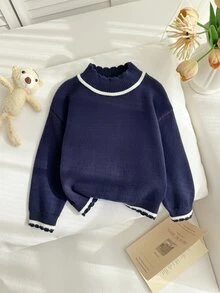 SHEIN Young Girls Sweaters, Designed Lace Hem High Neck Pullover Sweater, Comfortable Soft Apricot Knit Top, Sweet Casual Minimalist Style For Autumn Winter - Royal Blue - View 7