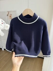 SHEIN Young Girls Sweaters, Designed Lace Hem High Neck Pullover Sweater, Comfortable Soft Apricot Knit Top, Sweet Casual Minimalist Style For Autumn Winter - Royal Blue - View 4