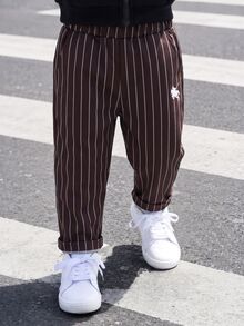 SHEIN Young Boy Casual Comfortable Solid Color Pants,School One Button Decor Diagonal Pockets,Elastic Waistband Design,Suitable For Daily Wear,Travel,Party - Brown - View 1