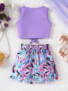 SHEIN طقم من قطعتين للفتيات الصغيرات: ملابس علوية كاجوال بدون أكمام وشورت مخطط مع تصميم فيونكة ثلاثي الأبعاد - الأرجواني - مشاهدة 3