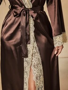 HautHeat Women's Contrast Lace Long Sleeve Elegant Nightgown - Coffee Brown - View 6
