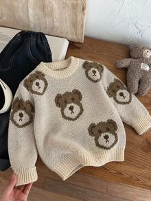 SHEIN Young Boys' Thick Cute Bear Round Neck Shoulder Pullover Autumn Sweater,Back-To-School Winter,Y2k,Holiday,Young Boy,Birthday,Kids Wedding Guest - Khaki - View 5