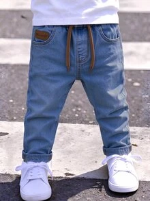 SHEIN Casual Elastic Waist Adjustable Drawstring Solid Color Slim Fit Stretch Skinny Jeans Young Boys Students Campus Wear Back-To-School Spring Fall Winter - Medium Wash - View 1