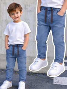 SHEIN Casual Elastic Waist Adjustable Drawstring Solid Color Slim Fit Stretch Skinny Jeans Young Boys Students Campus Wear Back-To-School Spring Fall Winter - Medium Wash - View 7