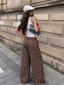 Coolane 女款秋冬外出休閒復古街頭風性感Y2K時尚度假日常穿搭可愛學院風棕色波點細肩帶直筒褲 - 棕色 - 查看 6
