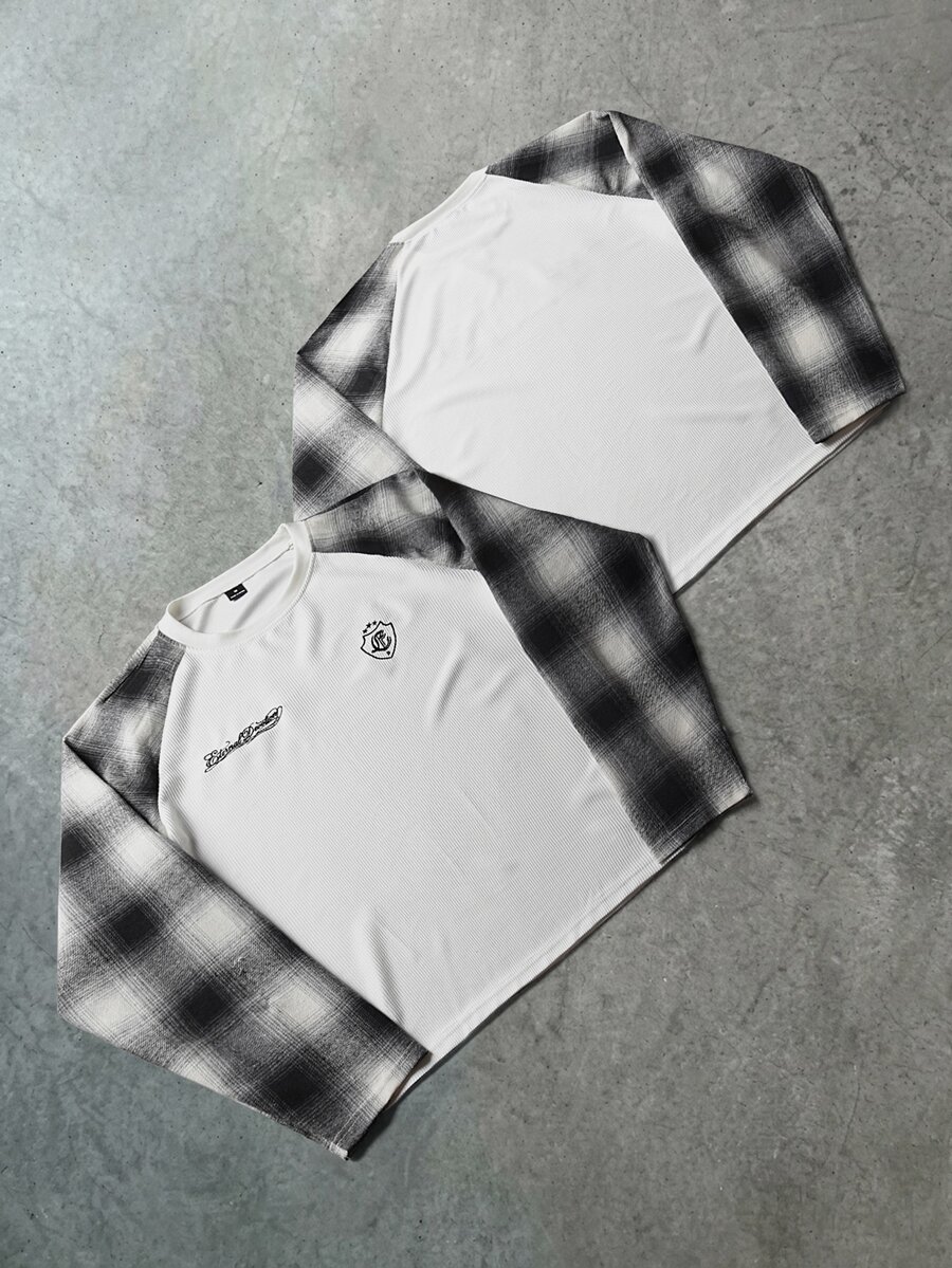 Manfinity Hypemode Men's Crew Neck Patchwork Plaid Raglan Long Sleeve T-Shirt - White - View 1