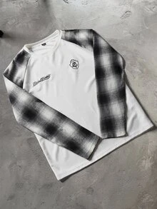 Manfinity Hypemode Men's Crew Neck Patchwork Plaid Raglan Long Sleeve T-Shirt - White - View 3