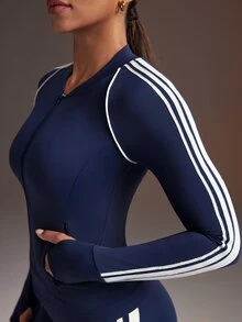 Powerista Women's Navy Blue & Beige Colorblock Fitted Stand Collar Long Sleeve Jacket - Navy Blue - View 1