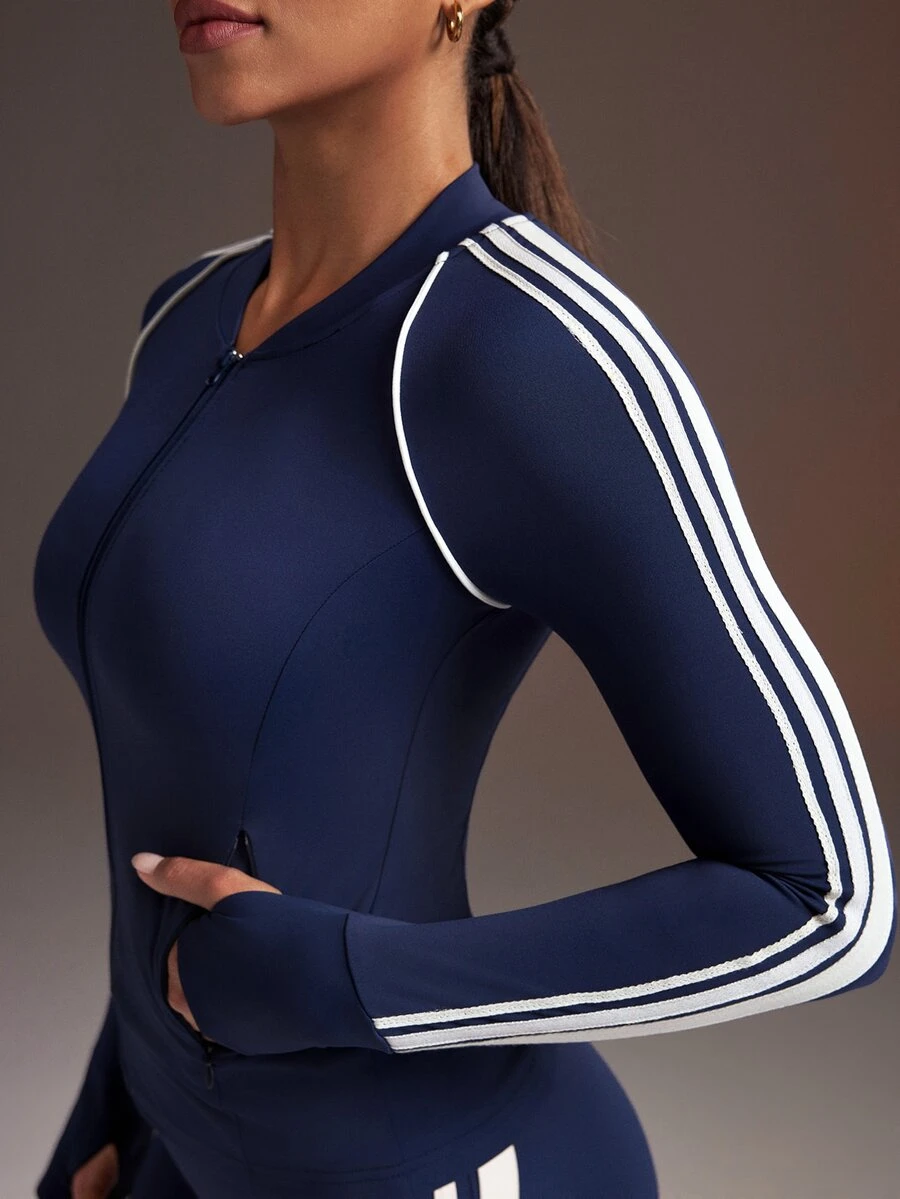 Powerista Women's Navy Blue & Beige Colorblock Fitted Stand Collar Long Sleeve Jacket - Navy Blue - View 1