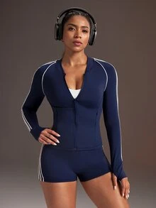 Powerista Women's Navy Blue & Beige Colorblock Fitted Stand Collar Long Sleeve Jacket - Navy Blue - View 3