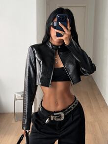 Coolane Women's Solid Color PU Leather Long Sleeve Zipper Front Casual Cropped Jacket - Black - View 4