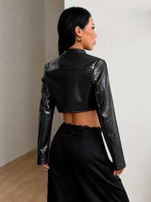 Coolane Women's Solid Color PU Leather Long Sleeve Zipper Front Casual Cropped Jacket - Black - View 6