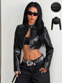 Coolane Women's Solid Color PU Leather Long Sleeve Zipper Front Casual Cropped Jacket - Black - View 3