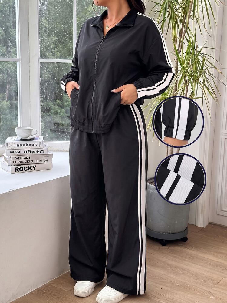 SHEIN EZwear Plus Size Women's Colorblock Long Sleeve Jacket And Pants Casual Daily 2 Pieces Set - Black and White - View 9