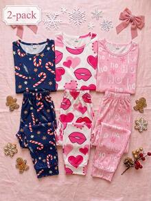 SHEIN 1件隨機款 6款女孩青少年聖誕貼身睡衣套裝，圓領短袖＋長褲，海軍藍節慶糖果棒圖案印花，柔軟針織 - 彩色 - 查看 1