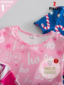 SHEIN 1件隨機款 6款女孩青少年聖誕貼身睡衣套裝，圓領短袖＋長褲，海軍藍節慶糖果棒圖案印花，柔軟針織 - 彩色 - 查看 5