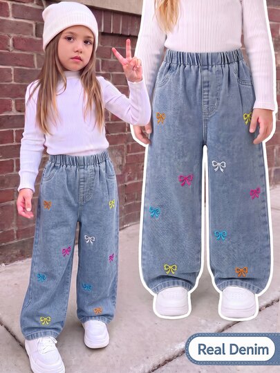 Pantalones largos de niña con bordado de lazo colorido a la moda, pantalones de mezclilla azul claro lavados de cintura alta elástica versátiles para uso diario en otoño/invierno, pantalones dulces & lindos para niña