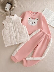 3pcs/Set Girls Cute Style Outfit, Bear Embroidery Top With Bow Decor, Plush Stand Collar Zipper Vest, Side Patchwork Pants, Birthday White Brown - Pink - View 4
