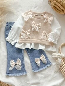 SHEIN 2pc Toddler Baby Girl Knit Top Flared Denim Pants Cute Sweet Beige Bow Ruffle Frayed Long Puff Sleeve Round Neck Birthday Party Fall Holiday Pull Knit - Multicolor - View 1