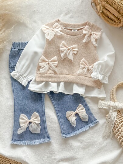 SHEIN 2pc Toddler Baby Girl Knit Top Flared Denim Pants Cute Sweet Beige Bow Ruffle Frayed Long Puff Sleeve Round Neck Birthday Party Fall Holiday Pull Knit