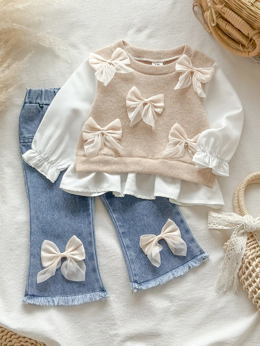 SHEIN 2pc Toddler Baby Girl Knit Top Flared Denim Pants Cute Sweet Beige Bow Ruffle Frayed Long Puff Sleeve Round Neck Birthday Party Fall Holiday Pull Knit - Multicolor - View 1