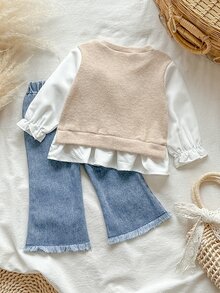 SHEIN 2pc Toddler Baby Girl Knit Top Flared Denim Pants Cute Sweet Beige Bow Ruffle Frayed Long Puff Sleeve Round Neck Birthday Party Fall Holiday Pull Knit - Multicolor - View 2