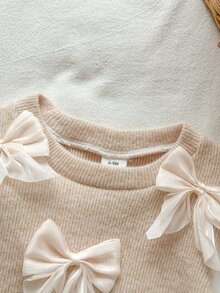 SHEIN 2pc Toddler Baby Girl Knit Top Flared Denim Pants Cute Sweet Beige Bow Ruffle Frayed Long Puff Sleeve Round Neck Birthday Party Fall Holiday Pull Knit - Multicolor - View 8