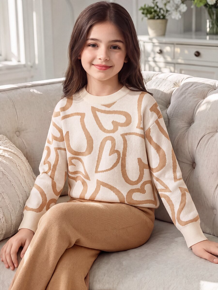 SHEIN Tween Girl Cherry Print Off-White Pink Cute Autumn Back-To-School Holiday Knitted Pants Set Sweater Top+Straight Preppy Family Matching - Khaki - View 1