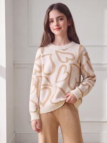 SHEIN Tween Girl Cherry Print Off-White Pink Cute Autumn Back-To-School Holiday Knitted Pants Set Sweater Top+Straight Preppy Family Matching - Khaki - View 3