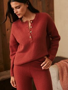 Lullawish طقم ملابس منزلية كاجوال يومي للنساء بلون موحد، توب بأكمام طويلة وبنطلون - بني مصدي - مشاهدة 1