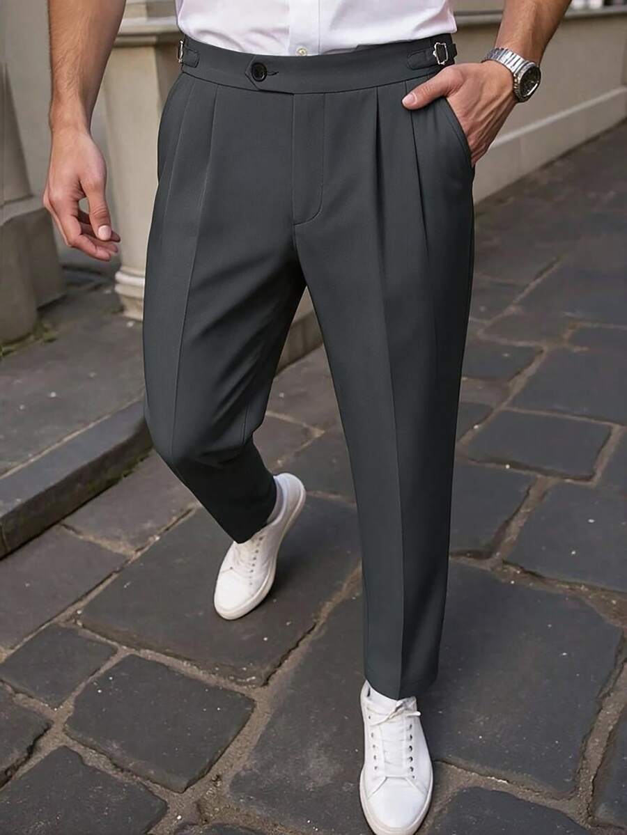 Manfinity Mode Men's Vintage Side-Button Double Pleated Wrinkle-Resistant Dress Pants, Tapered Leg Draped Business Mature, Formal, Old Money - Grey - View 1