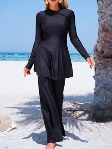 SHEIN Swim 2pcs Set Solid Color Loose Long Pants & Pleated A-Line Skirt, Concealing Full Coverage Conservative Vacation Swimsuit For Women For Summer - Black - View 6