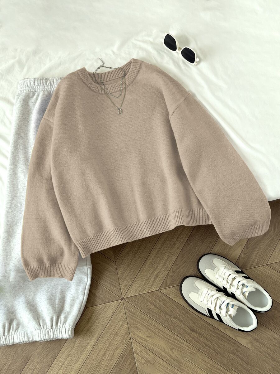 Elamini Women's Solid Color Crew Neck Long Sleeve Casual Pullover Sweater, Autumn/Winter, Christmas - Khaki - View 1