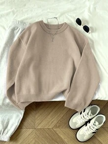 Elamini Women's Solid Color Crew Neck Long Sleeve Casual Pullover Sweater, Autumn/Winter, Christmas - Khaki - View 4