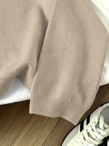 Elamini Women's Solid Color Crew Neck Long Sleeve Casual Pullover Sweater, Autumn/Winter, Christmas - Khaki - View 3