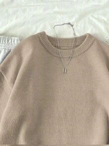 Elamini Women's Solid Color Crew Neck Long Sleeve Casual Pullover Sweater, Autumn/Winter, Christmas - Khaki - View 6