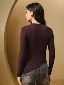 Anewsta Autumn/Winter Deep Purple Rhinestone Mesh Twist Knot Metal Buckle Slim Fit Long Sleeve Atmospheric Date Party Gathering Women's T-Shirt Top - Purple - View 7
