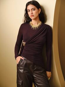 Anewsta Autumn/Winter Deep Purple Rhinestone Mesh Twist Knot Metal Buckle Slim Fit Long Sleeve Atmospheric Date Party Gathering Women's T-Shirt Top - Purple - View 1