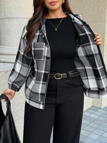Easura 格紋拼接大尺碼女款休閒優雅連帽落肩長袖前開拉鍊夾克，黑色與灰色，熱銷秋季款 - 灰色 - 查看 10