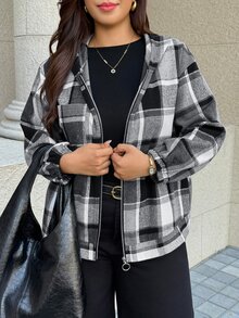 Easura 格紋拼接大尺碼女款休閒優雅連帽落肩長袖前開拉鍊夾克，黑色與灰色，熱銷秋季款 - 灰色 - 查看 3