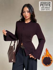 SHEIN PETITE Women's Petite Brown Crew-Neck Long-Sleeve Cardigan Sweater (Fall/Winter) - Brown - View 4