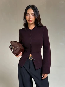 SHEIN PETITE Women's Petite Brown Crew-Neck Long-Sleeve Cardigan Sweater (Fall/Winter) - Brown - View 9