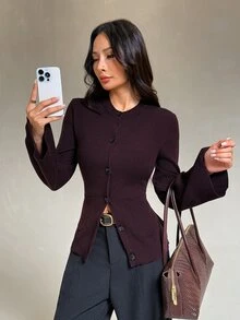 SHEIN PETITE Women's Petite Brown Crew-Neck Long-Sleeve Cardigan Sweater (Fall/Winter) - Brown - View 7