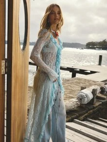 Aralina Women's Elegant Fairy Chic Sheer Lace Fabric V Neck Long Sleeve Ruffle Frill Button Up Front Vacation Going Out Spring Birthday Party Dress - Baby Blue - View 10