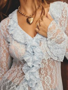 Aralina Women's Elegant Fairy Chic Sheer Lace Fabric V Neck Long Sleeve Ruffle Frill Button Up Front Vacation Going Out Spring Birthday Party Dress - Baby Blue - View 3