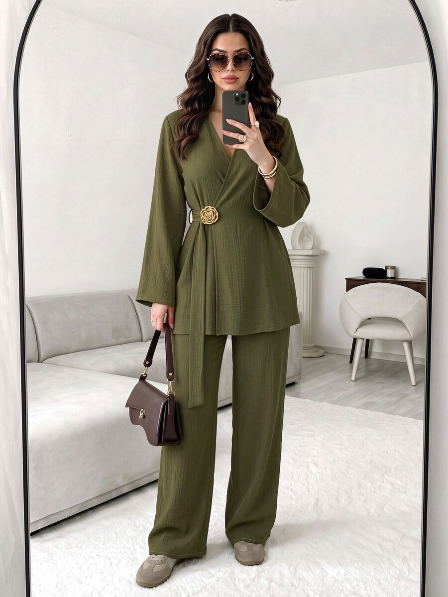 Celisse Monochromatic Set Minimalist Elegant, Gentle High-End Daily Outfit With Elegant, Minimalist Metal Decorative Buckle - Olive Green - View 1